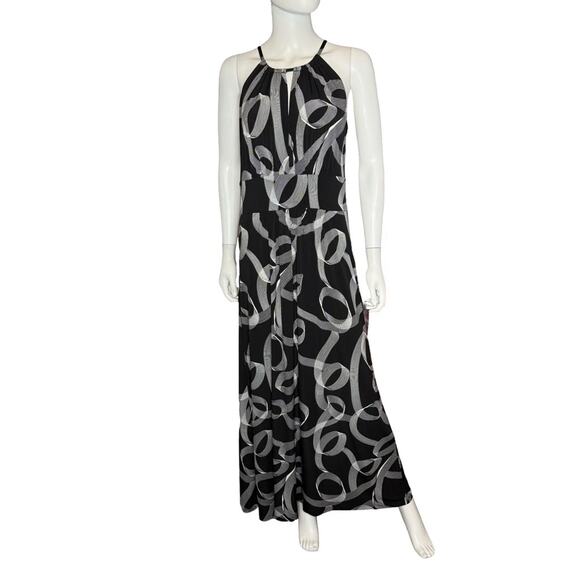 London Times Women's Printed Jersey Halter-Neck Maxi Dress Black/White Sz 12 NWT - Picture 2 of 8